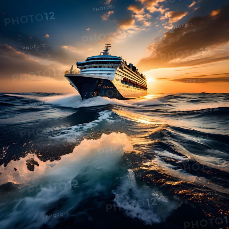 Cruise ship slicing through sparkling ocean waters at warm sunlight, AI generated