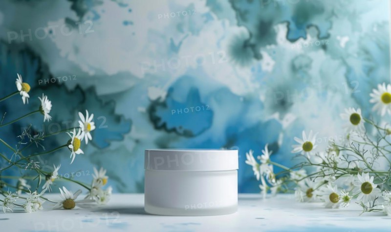 Blank cosmetic jar mockup placed on an elegant watercolor chamomile background, skin care and beauty AI generated