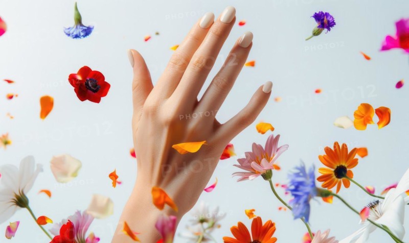 Close-up of a woman's hand holding colorful flower petals AI generated