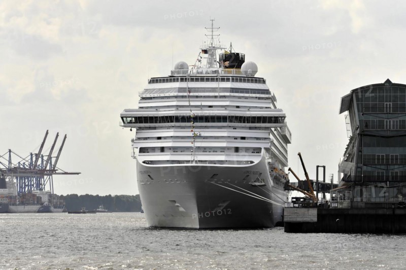 COSTA PACIFICA, Large cruise ship in the harbour with container cranes in the background on a cloudy day, Hamburg, Hanseatic City of Hamburg, Germany, Europe