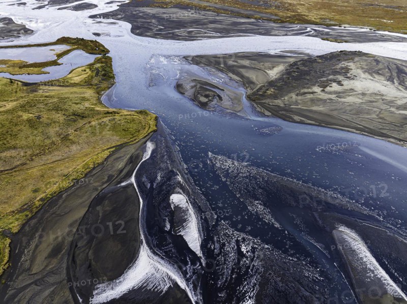 Overgrown river landscape, Eldhraun, near Kirkjubaejarklaustur, drone image, Sudurland, Iceland, Europe