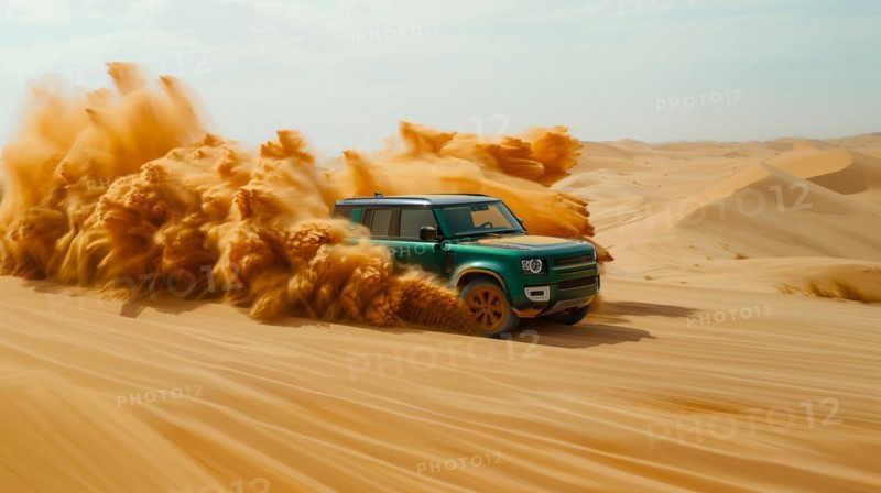 Luxury british classic 4x4 green off-road vehicle speeding across sandy dunes, kicking up sand in its wake, ai generated, AI generated