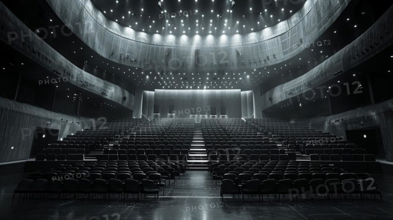 Modern auditorium with empty seats and a bright stage, captured in monochrome tones, ai generated, AI generated
