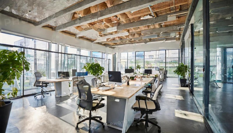 Open office design with natural wooden beams and green accents emphasises a modern style, symbol office, AI generated, AI generated