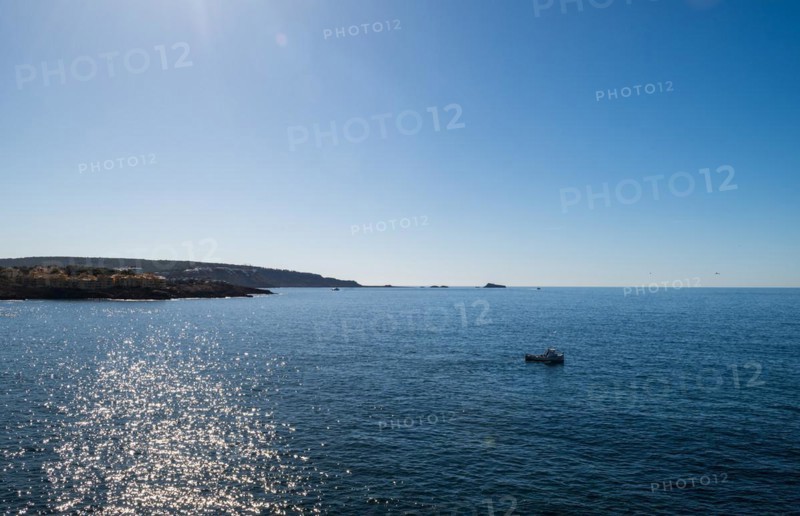 View of the sea with fishing boat from the Mirador de les Malgrats near Santa Ponca or Santa Ponsa, Majorca, Balearic Islands, Spain, Europe