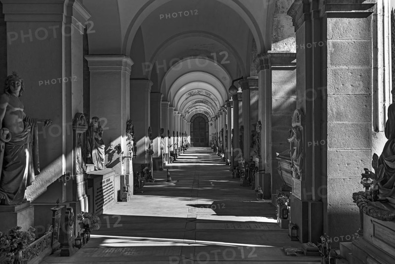 Arcaded gallery with tombs in the Monumental Cemetery, Cimitero monumentale di Staglieno), Genoa, Italy, Europe