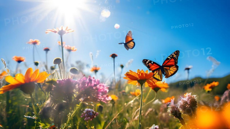 Monarch butterflies dancing amidst a vibrant wildflower meadow, AI generated