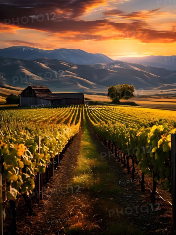 Vineyard at peak season grapevines in orderly rows, AI generated