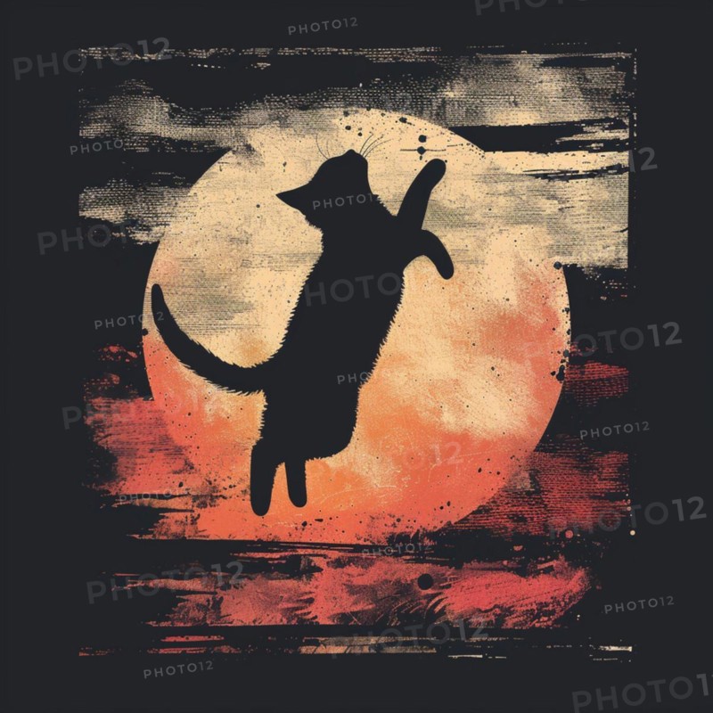 Grunge effect applied to a cat silhouette with a rough textured moon set against a dark backdrop, AI generated