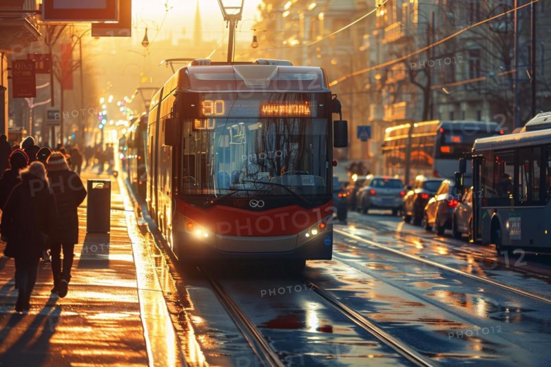 Golden sunset light bathes a busy city street with a tram and pedestrians, AI generated
