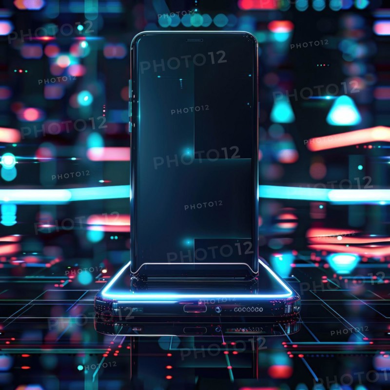 Smartphone mockup with a blank screen on a futuristic technology background AI generated