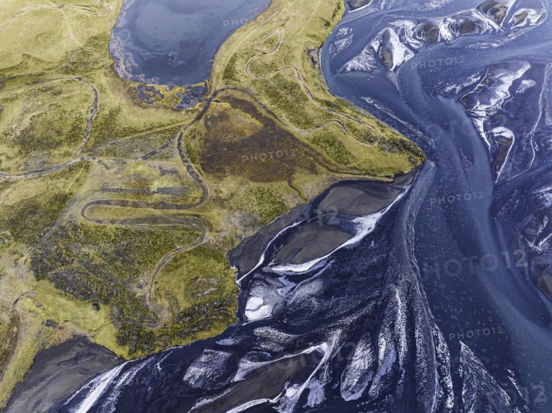 Overgrown river landscape, Eldhraun, near Kirkjubaejarklaustur, drone image, Sudurland, Iceland, Europe
