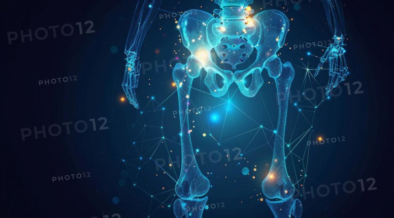 Interconnected design of human pelvic area in a blue glow highlighting anatomy with a technology theme, ai generated, AI generated