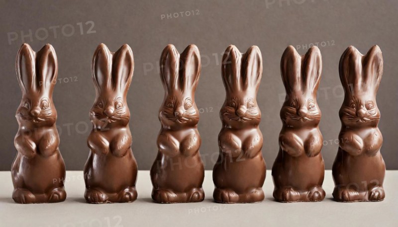Six brown chocolate bunnies in a row against a grey background, Easter symbol, AI generated, AI generated