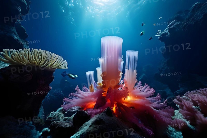Hydrothermal vent chimney encircled by tube worms in deep ocean habitat, AI generated