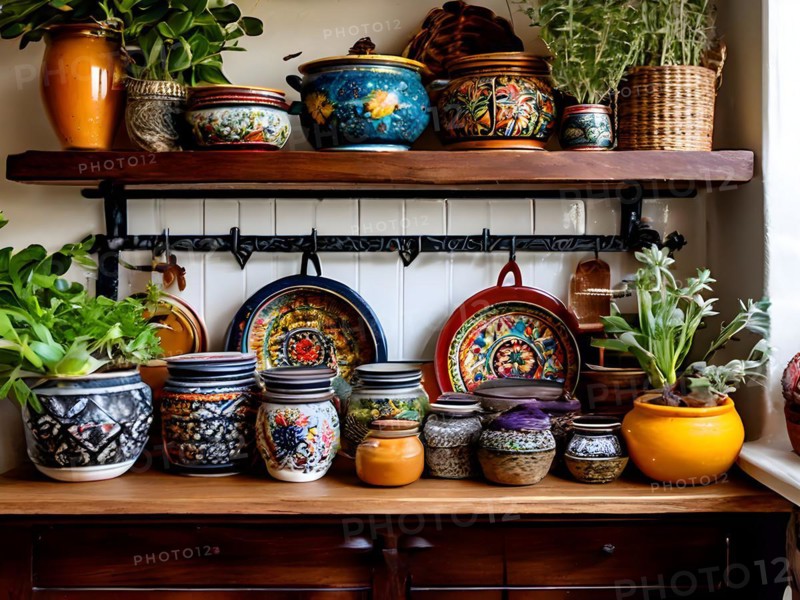 Boho kitchen shelf eclectic mix of colorful ceramic pots hanging cast iron pans shelves adorned, AI generated