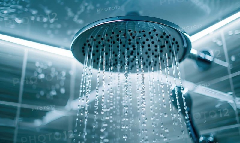 Blue-tinged water sprays from a shower head, evoking a refreshing feeling AI generated