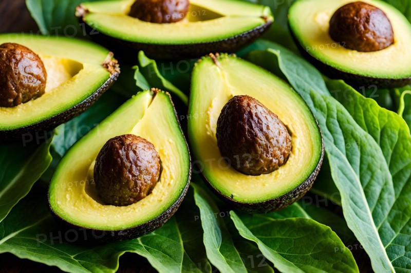 Avocado slices fanned out on a bed of mixed greens, AI generated