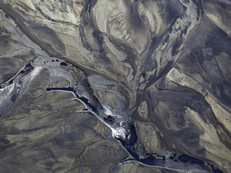 Overgrown river landscape, Eldhraun, near Kirkjubaejarklaustur, drone image, Sudurland, Iceland, Europe
