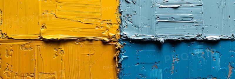 Abstract art with perpendicular brush strokes in yellow and blue creating texture, banner 3:1 wide style, horizontal aspect ratio, AI generated