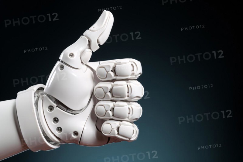 Robotic white artificial intelligence hand giving thumbs up. KI generiert, generiert, AI generated
