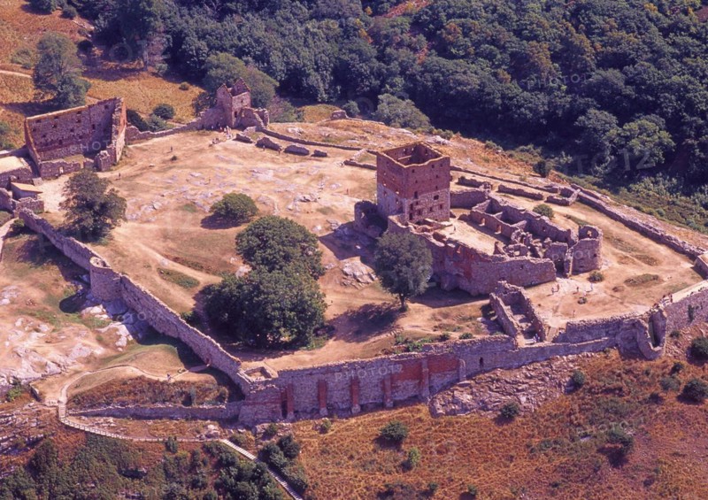 Aerial view of Hammershus, which was Scandinavia's largest medieval fortification and is one of the largest medieval fortifications in northern Europe. Now a ruin and located on the island of Bornholm, Denmark, Baltic Sea, Scandinavia. Scanned 6x6 slide, Europe