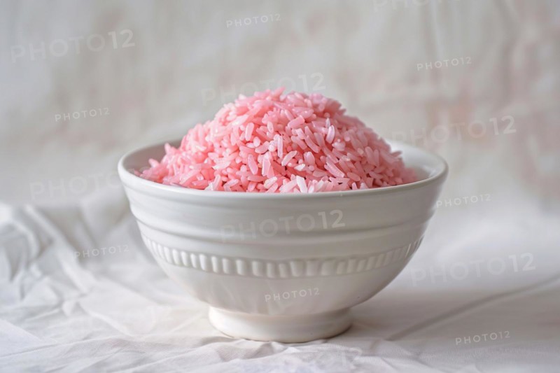 Pink lab-made meat-rice hybrid in bowl. KI generiert, generiert, AI generated