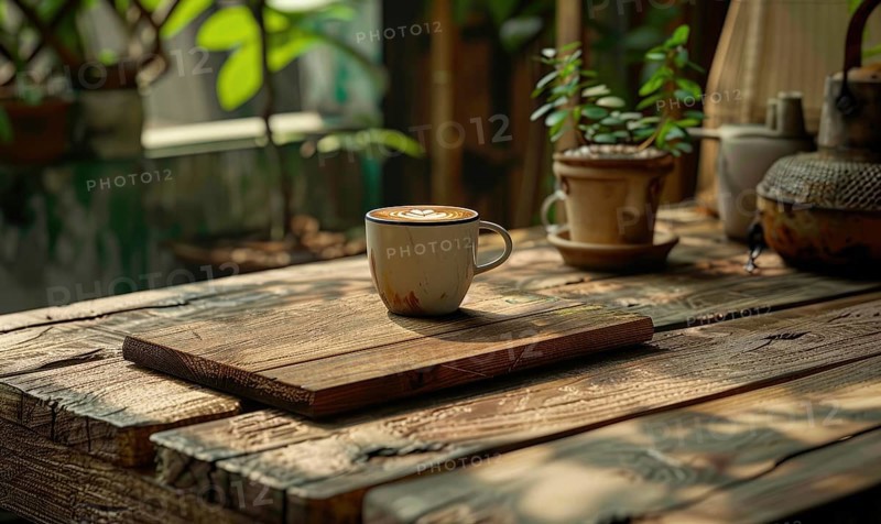 An espresso cup on a rustic wooden table beside a potted plant with natural light AI generated