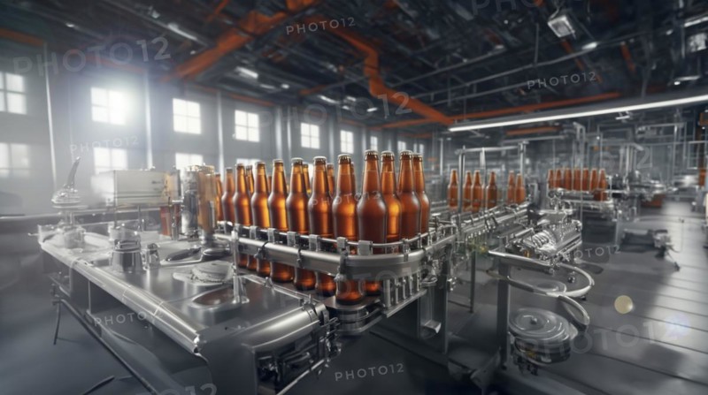 Beer production at the factory, conveyor belt with bottles of beer, AI generated