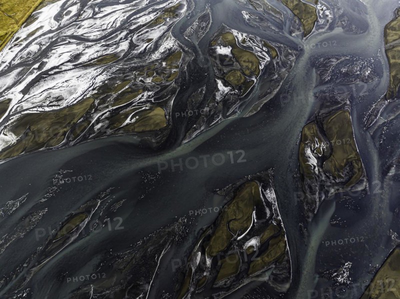 Overgrown river landscape, Eldhraun, near Kirkjubaejarklaustur, drone image, Sudurland, Iceland, Europe