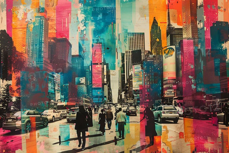 Abstract rendition of a city street scene brimming with color and urban activity, illustration, AI generated