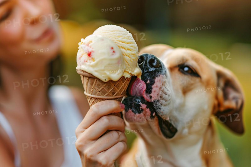 Dog being fed ice cream in cone. KI generiert, generiert, AI generated