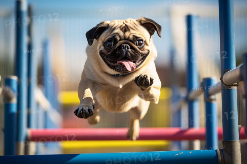 Pug dog jumping over obstacle at dog agility course. KI generiert, generiert, AI generated