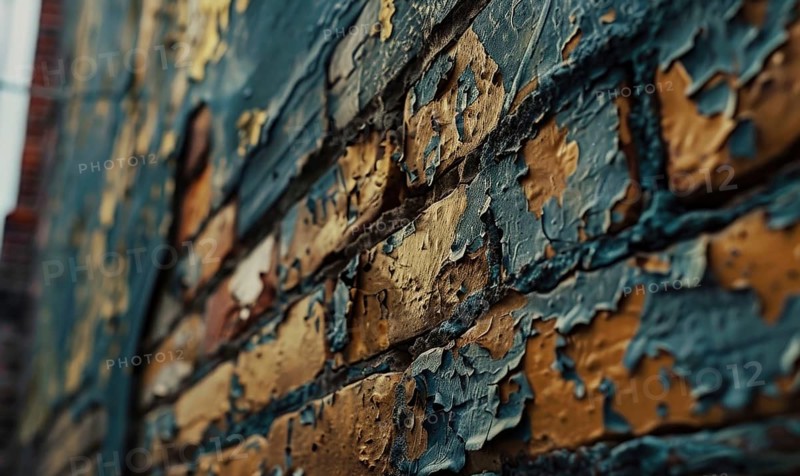 The rich texture of peeling blue and gold paint on an aging brick wall AI generated
