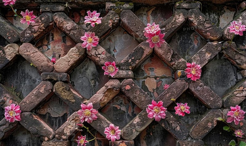 Pink flowers erupting through a diagonal brick pattern on a wall AI generated