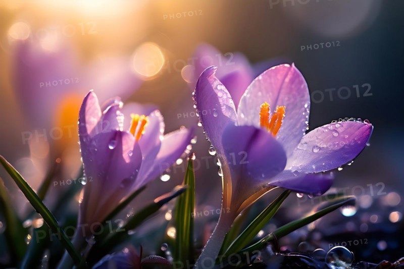 Morning sun graces dew kissed crocuses unfurling their petals in spring, AI generated