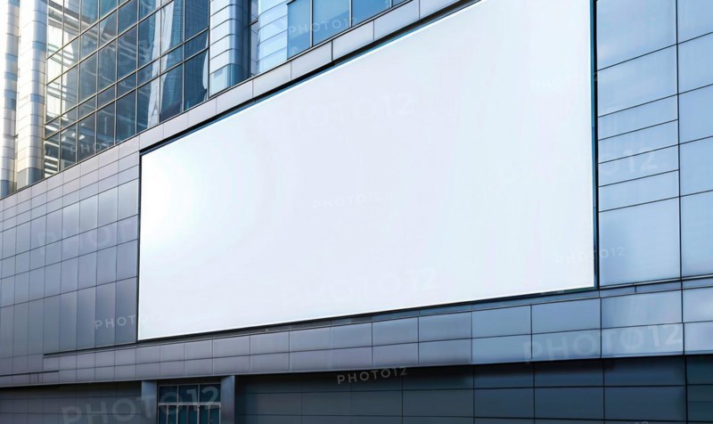 Blank screen banner mockup displayed on the modern building facade. Close Up view AI generated