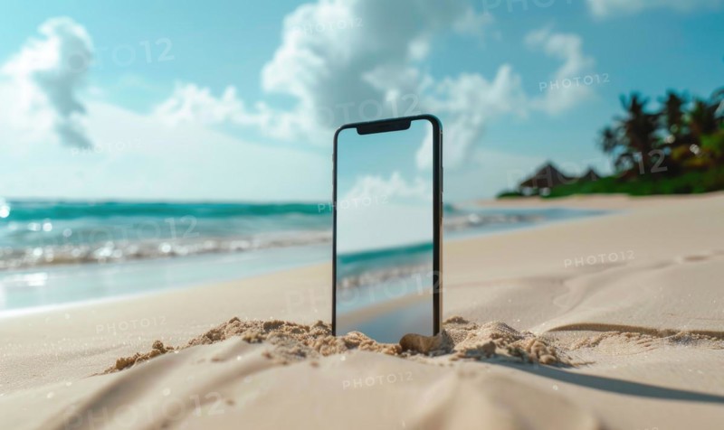 Smartphone mockup with a blank screen on a tranquil beach background, travel and tourism AI generated