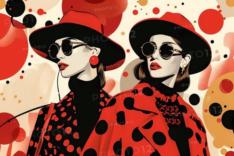 Illustration of two stylish ladies in red with polka dots, hats, and sunglasses, illustration, AI generated