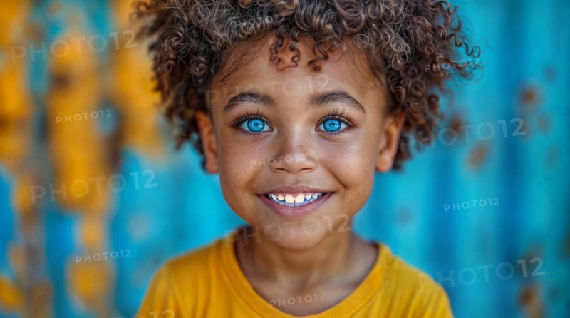 A young child with curly hair and blue eyes smiles radiantly against a patterned backdrop, AI generated