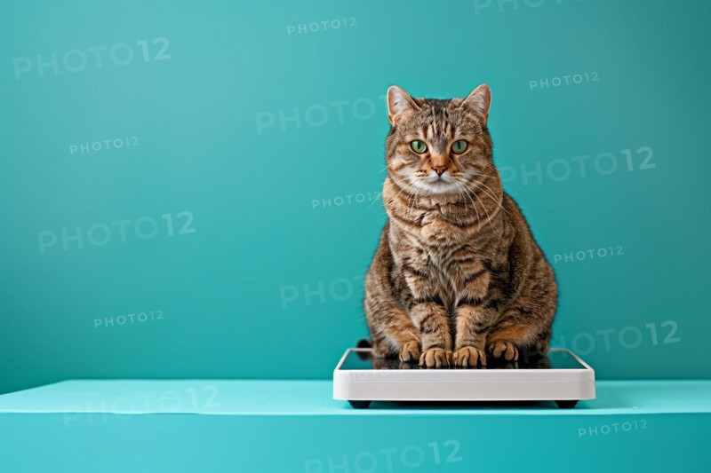 Overweight fat tabby cat sitting on white scales in front of teal background with copy sapce. KI generiert, generiert, AI generated
