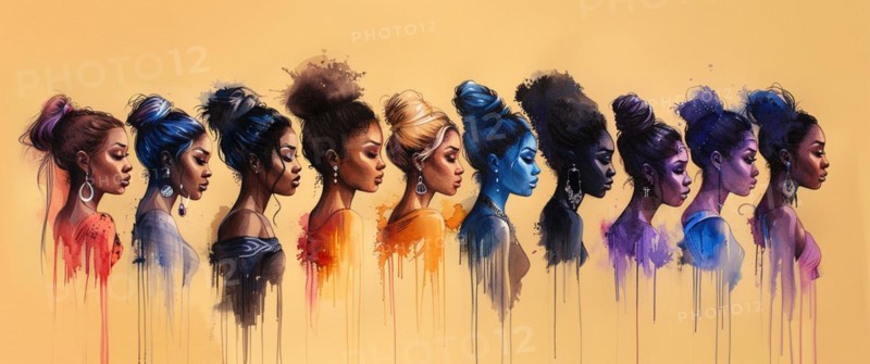Artistic representation of women's profiles in a spectrum of colors with diverse hairstyles and dripping paint, banner 3:1 wide style, horizontal aspect ratio, AI generated