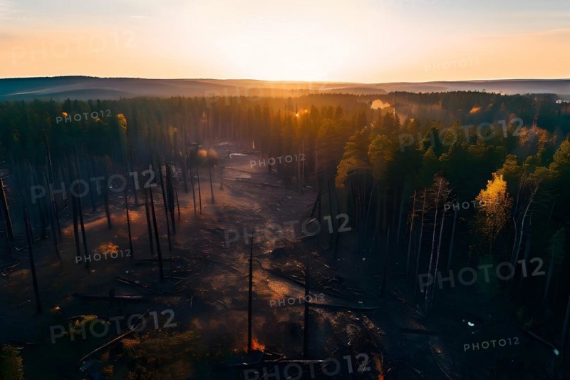 Dense forest showcasing charred trees aftermath of wildfires symbolizing climate change, AI generated