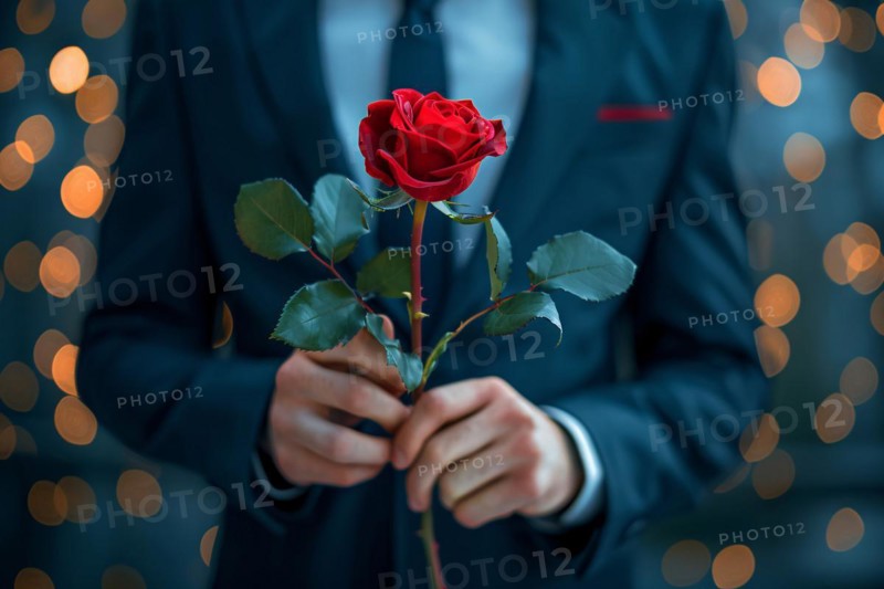 Man in elegant black suit holding romantic single red rose in front of dark studio background. KI generiert, generiert, AI generated