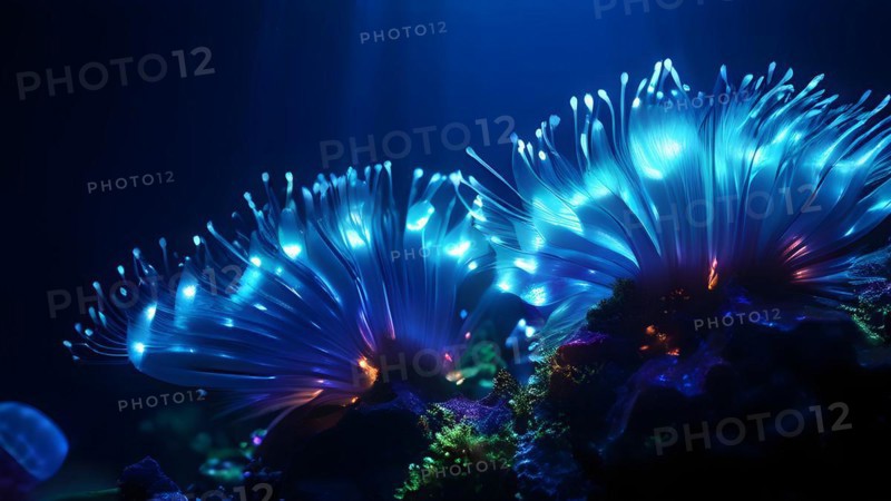 Bristle worms bioluminescent bodies floating in deep ocean, AI generated, deep sea, fish, squid, bioluminescent, glowing, light, water, ocean