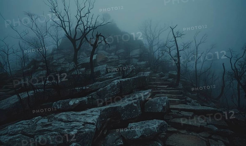 Mysterious stone path leading through a misty, bleak landscape with bare trees AI generated