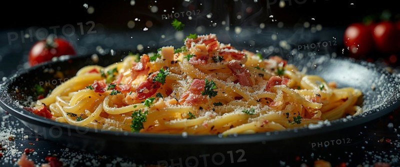 Close-up of pasta garnished with bacon, herbs, and a fine dusting of seasoning, AI generated