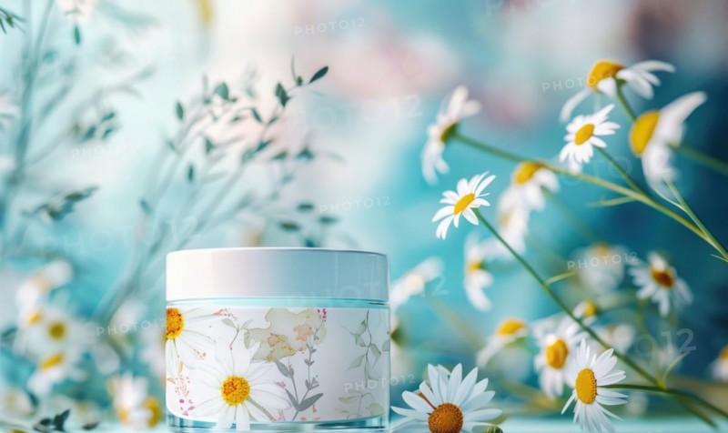 Cosmetic jar blank mockup placed on a serene watercolor chamomile background AI generated