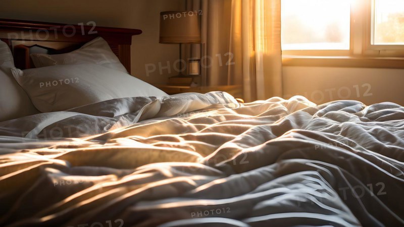 Imperfectly made bed in a sunlit room with rumpled sheets, AI generated