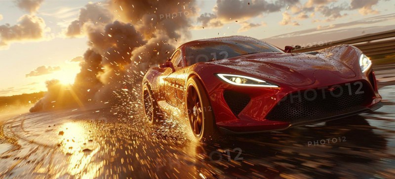 A red supercar races on a wet road with dynamic splashing and sun setting in the background, AI generated